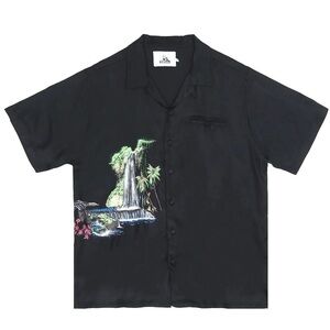 NWT JUNGLES Men’s Waterfall Print Short Sleeve Button Front Shirt in Black Sz S